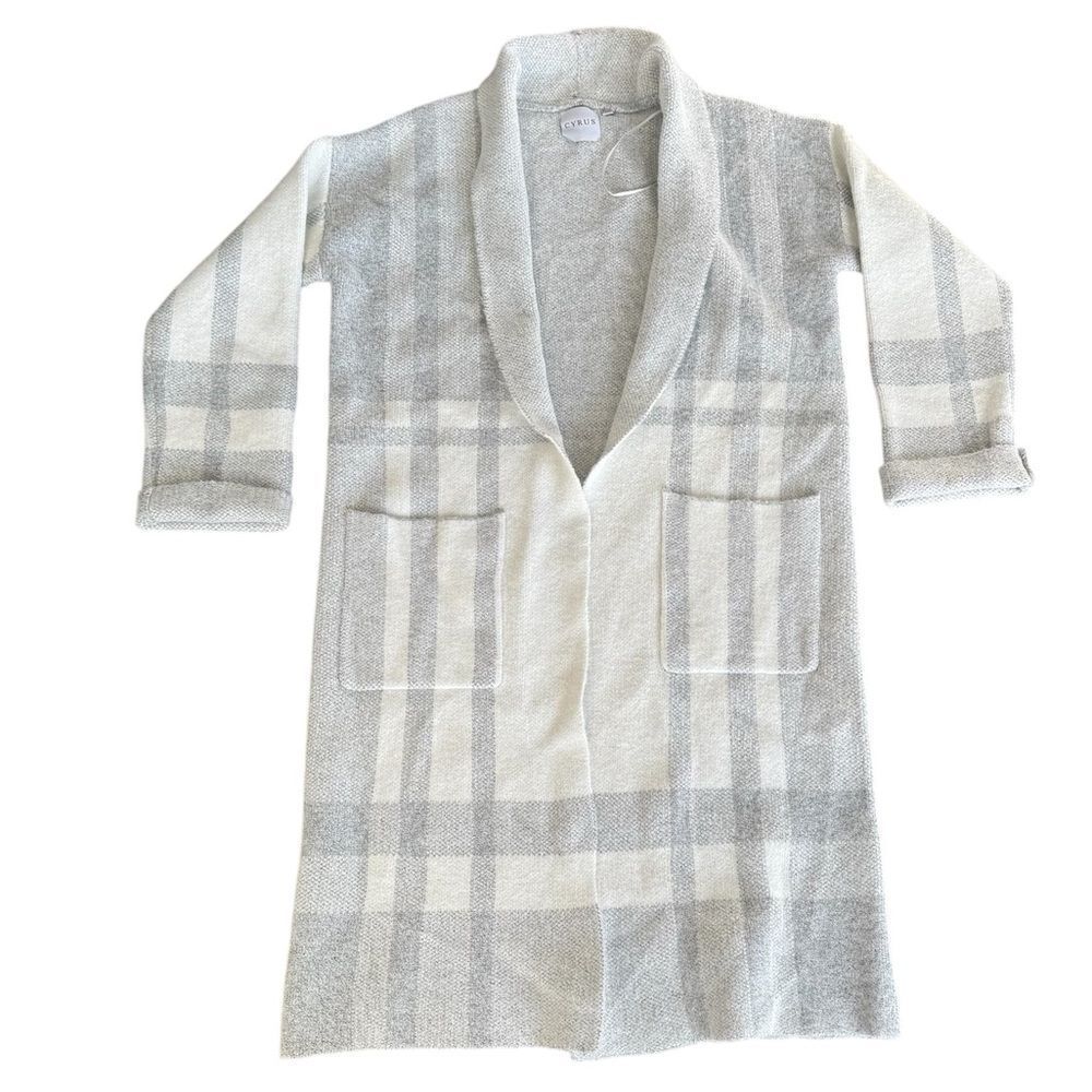 Cyrus Cardigan Shawl Long Plaid Checkered Coat Sweater Medium Grey White